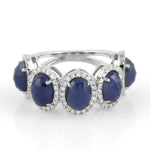 18k White Gold Pave Diamond Blue Sapphire Band Ring Handmade Jewelry