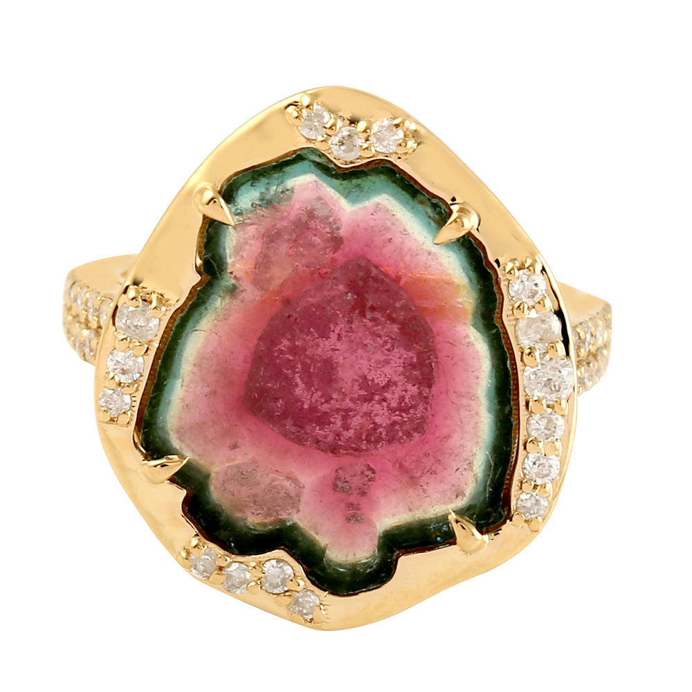 Prong Set Tourmaline Melon Studded Natural Diamond Cocktail Ring In 18k Yellow Gold