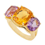Cushion Cut Citrine & Amethyst Beautiful Three Stone Ring In 18k Yellow Gold Wedding Gift