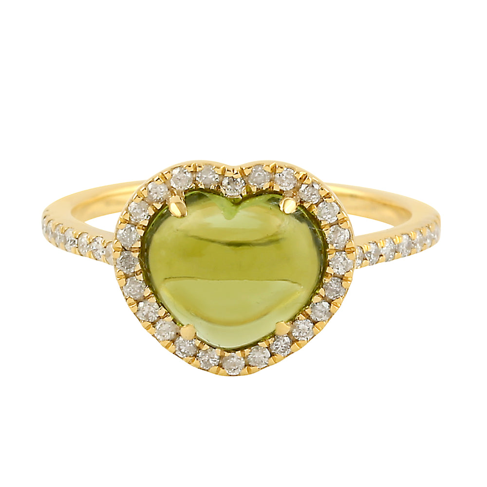 Natural Peridot Pave Diamond Heart Shaped Cocktail Ring In 14k Yellow Gold