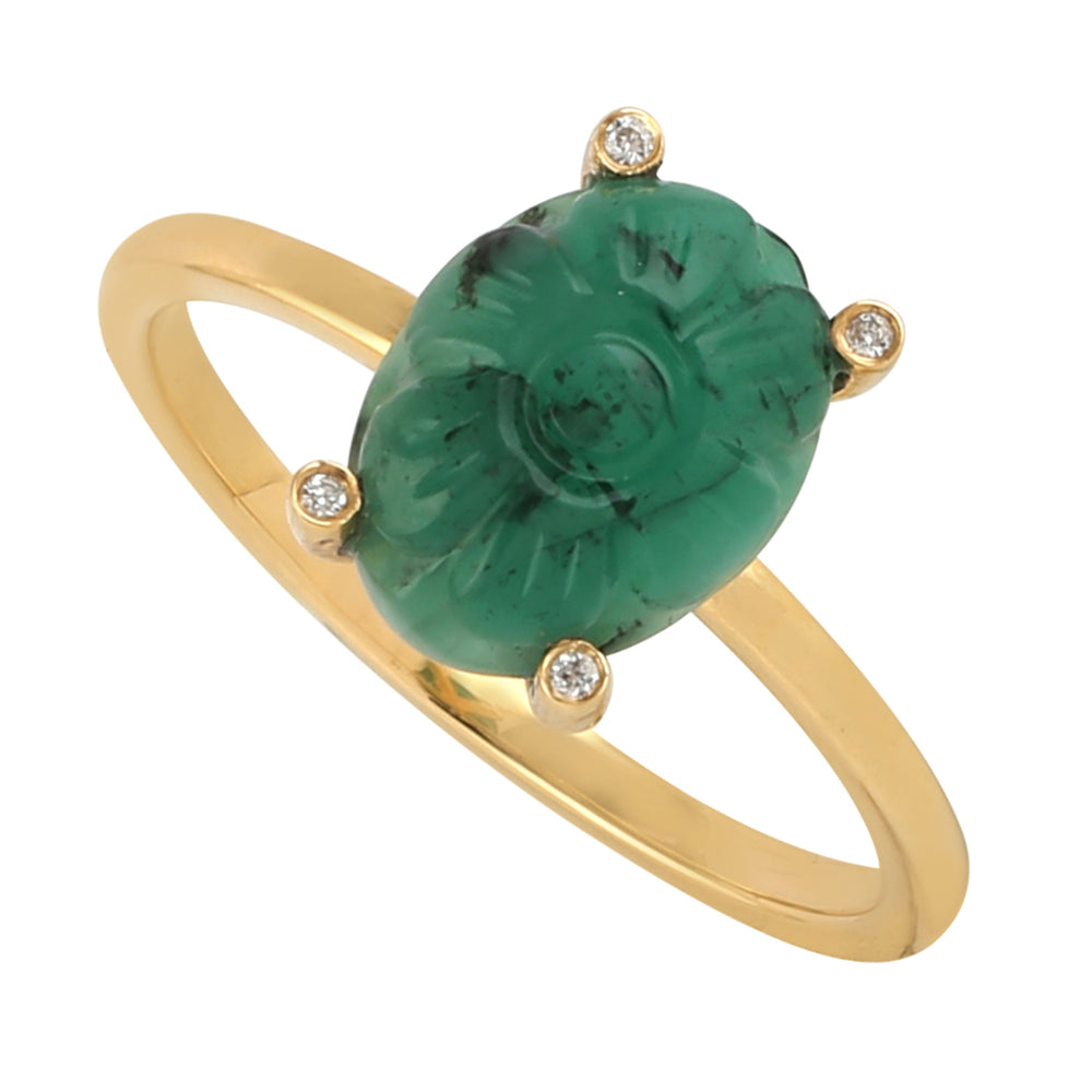 Carved Emerald Diamond Prong Set Cocktail Ring In 18k Gold