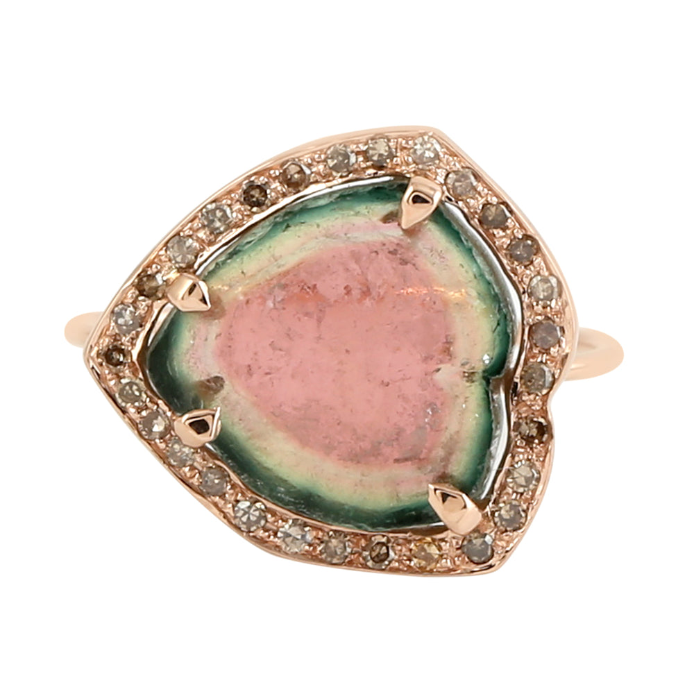 Tourmaline Melon pave Diamond Cocktail Ring in 14k Rose Gold