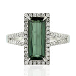 Baguette Green Tourmaline Diamond 18k White Gold Long Ring For Her