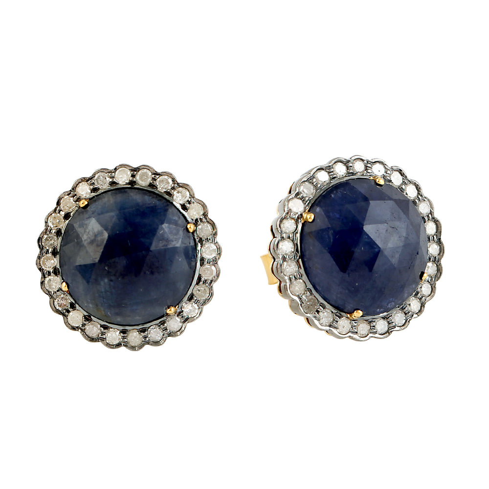Prong Set Blue Sapphire Pave Diamond Round Stud Earrings In 18k Gold & Sterling Silver