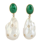 Natural Malachite Pearl Dangle Earrings 18k Yellow Gold Jewelry Gift