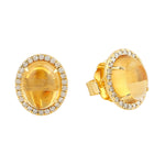 Natural Citrine Oval Stud Earrings Diamond Fine Jewelry In 14k Yellow Gold