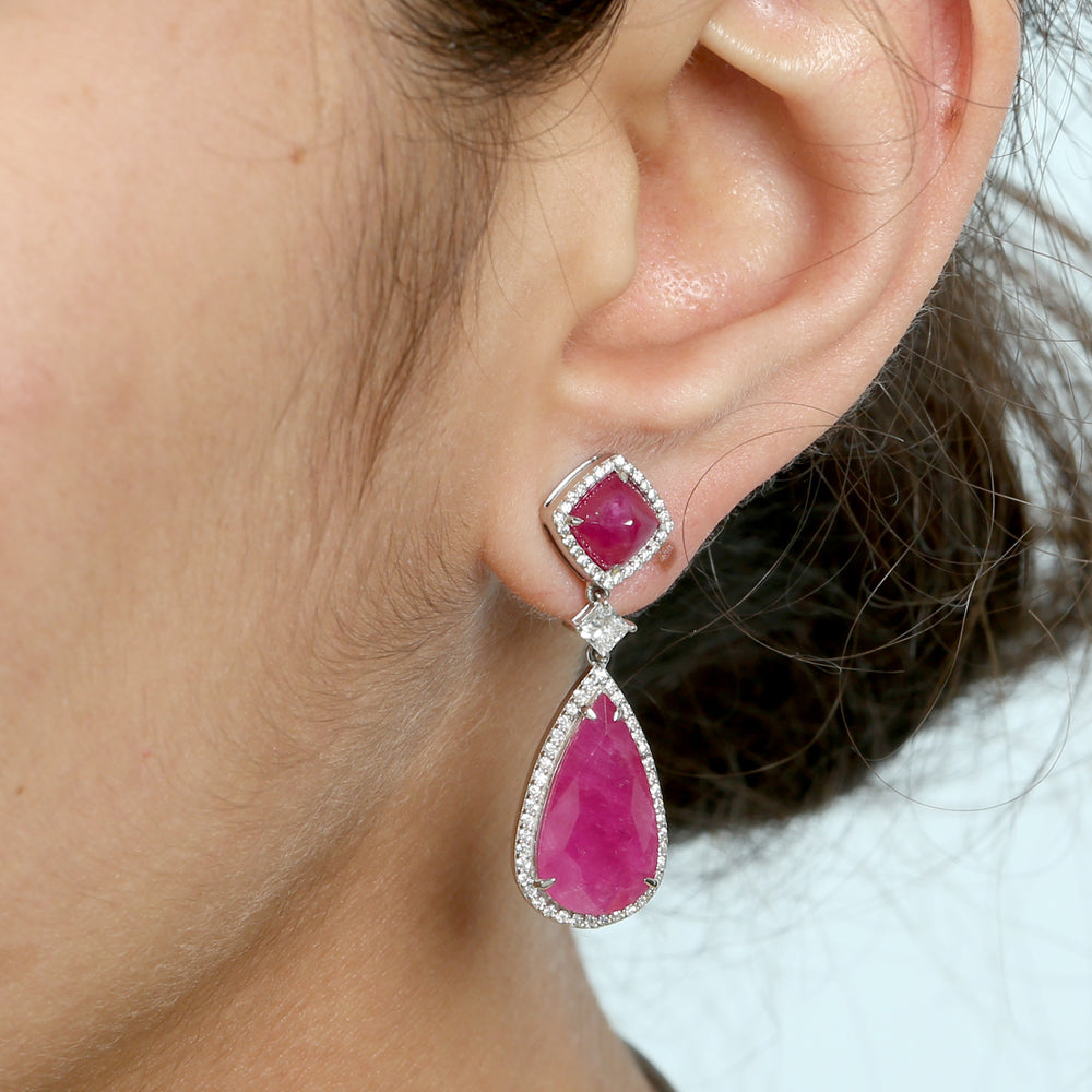 Beautiful Ruby Pave Diamond Pear Drop Danglers In 18k White Gold Ear Jewelry