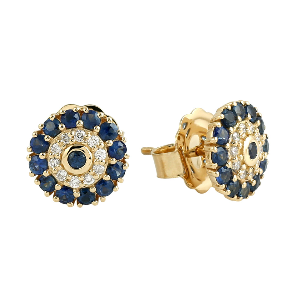 Natural Blue Sapphire Diamond Handmade Stud Earrings In 18k Yellow Gold