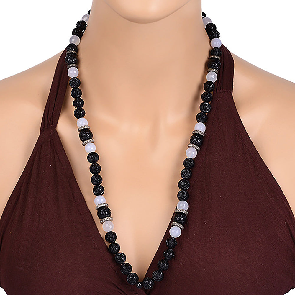 Carved Black Onyx Agate Diamond Opera Necklace Sterling Silver Gift