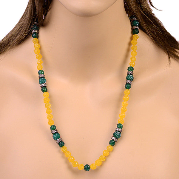 Natural Agate Green Onyx Diamond Silver Opera Necklace