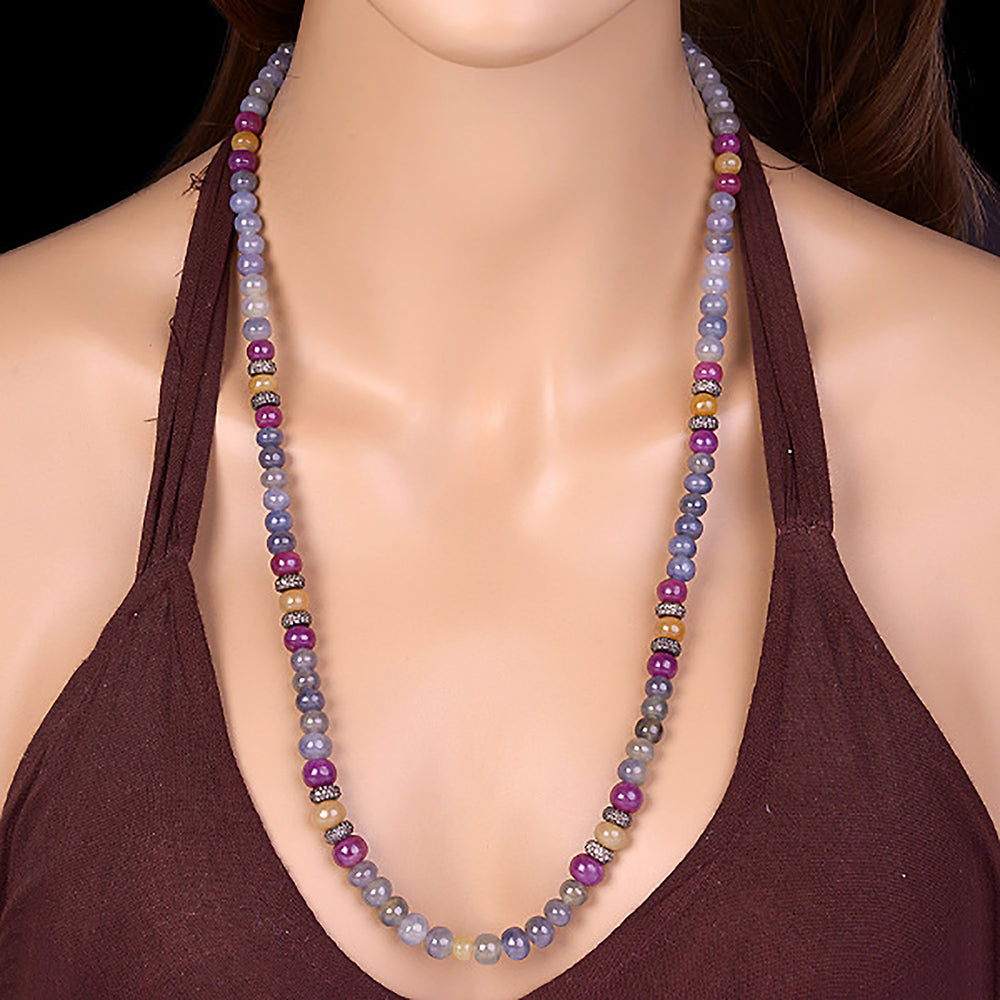 Multicolor Sapphire Beads Diamond Opera Necklace For Her In Silver