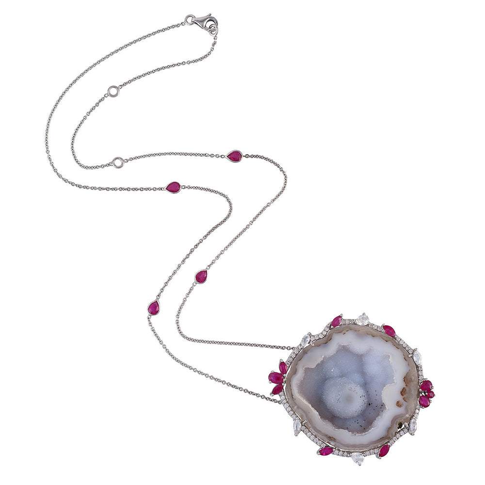Geode Pave Diamond Sapphire Ruby Designer pendant Chain Necklace 18k Gold On Sale