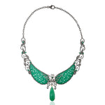 Carved Natural Chrysoprase, Emerald & Onyx Gemstone Collar Necklace 18K Gold 925 Sterling Silver Jewelry