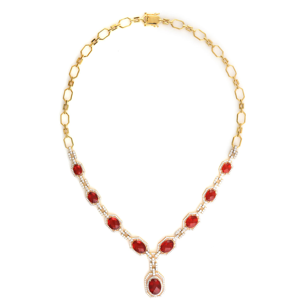 Beautiful Fire Opal Pave Diamond Princess Necklace In 18k Yellow Gold