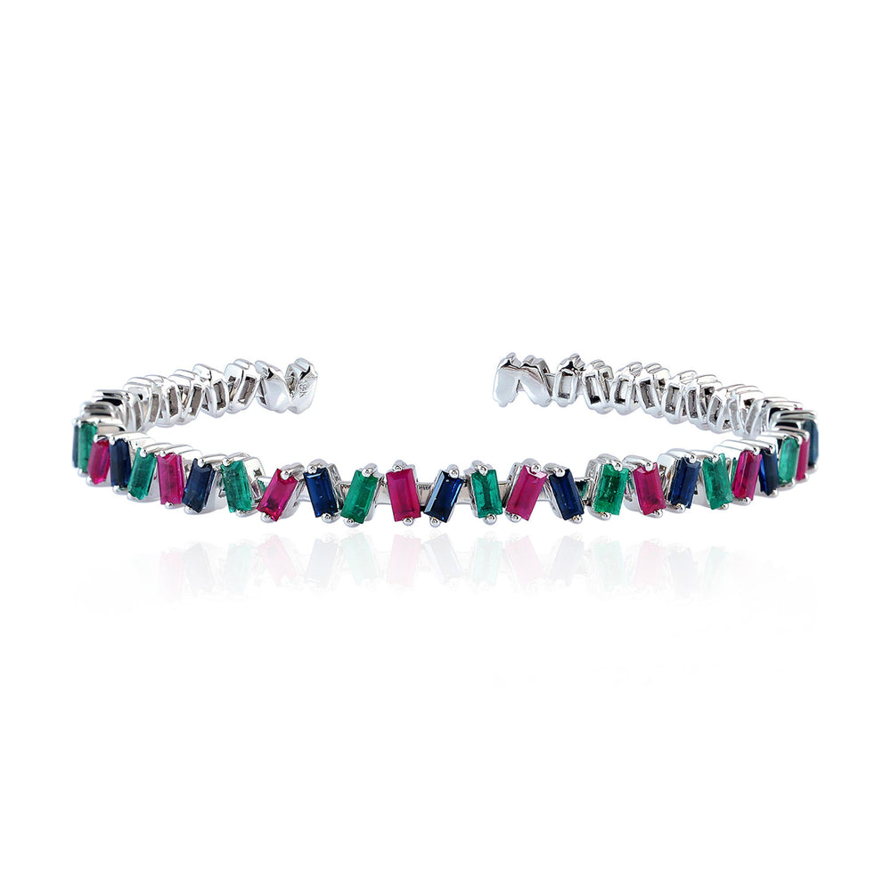 Baguette Ruby Sapphire Emerald Cuff Bangle In 18k White Gold For Her