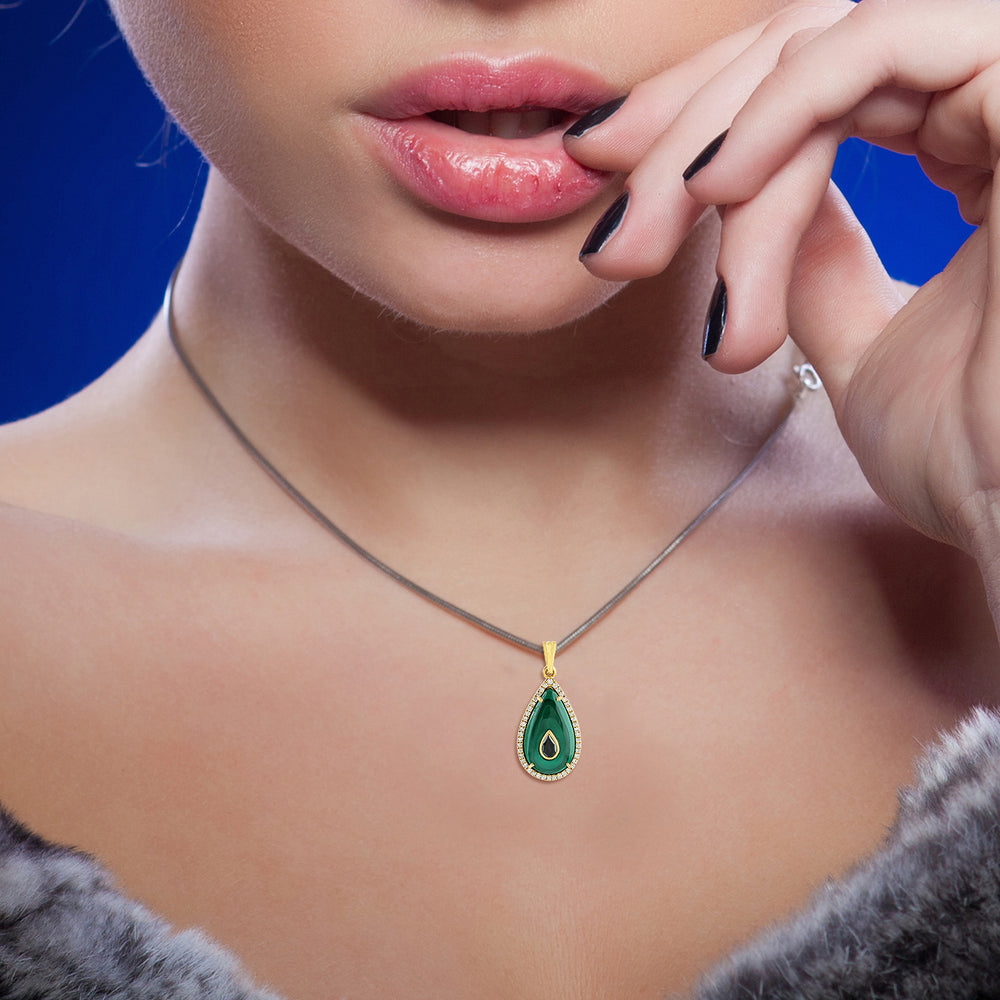 18k Gold Natural Diamond Malachite Gemstone Designer Pendant Jewelry