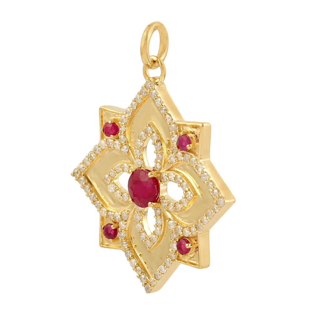 Natural Ruby & Diamond Gemstone Floral Designer Pendant Jewelry In 14k Yellow Gold