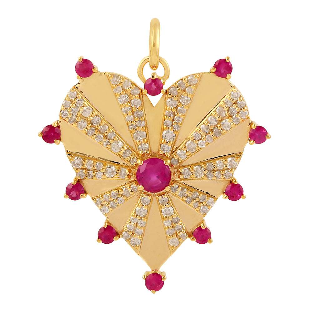 Natural Ruby Pave Diamond Heart Charm Pendant 14k Yellow Gold