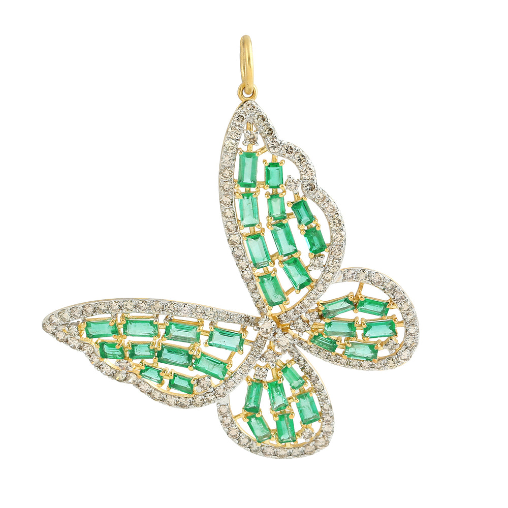 Baguette Emerald Pave Diamond Butterfly Charm Pendant In 14k Yellow Gold For Gift