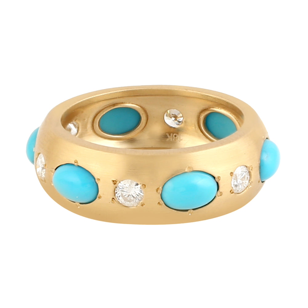 Gyspy Set Natural Diamond & Turquoise Gemstone Band Ring Jewelry In 18k Yellow Gold