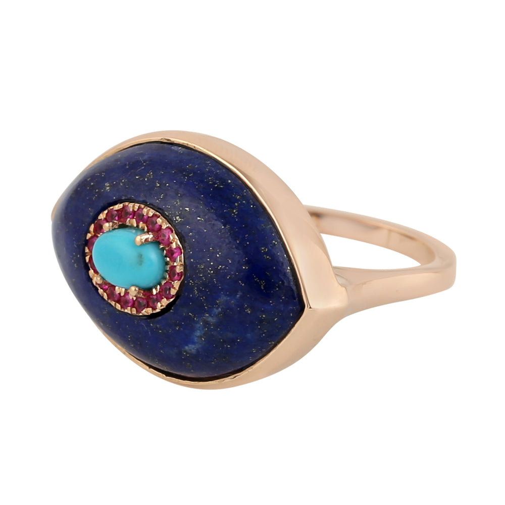 14k Rose Gold Bezel Set Marquise Lapis Pave Ruby & Turquoise Evil Eye Charm Ring Jewelry