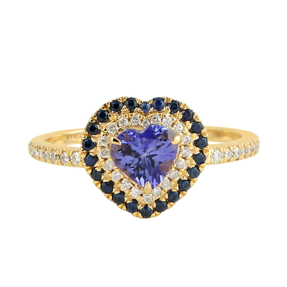 Natural Tanzanite Sapphire & Diamond Heart Ring Gift For Her in 18k Yellow Gold