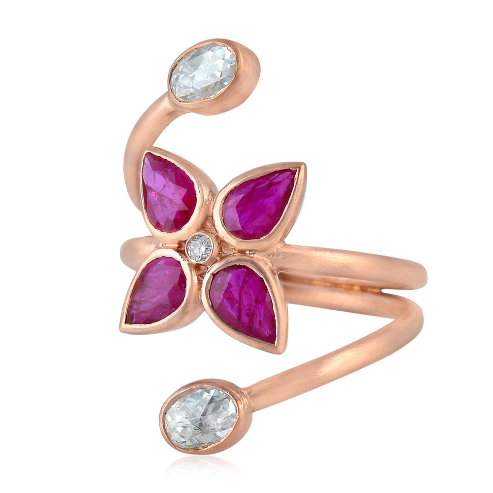 Ruby Diamond Floral Design Long Ring In 18k Rose Gold