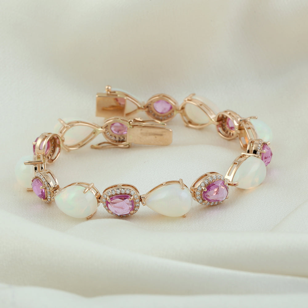 Natural Pink Sapphire Opal ethopian Diamond Fixed & Flexible 18k Gold Bracelet