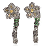 Tsavorite Diamond 18kt Gold Silver Floral Design Tunnel Earrings Jewelry