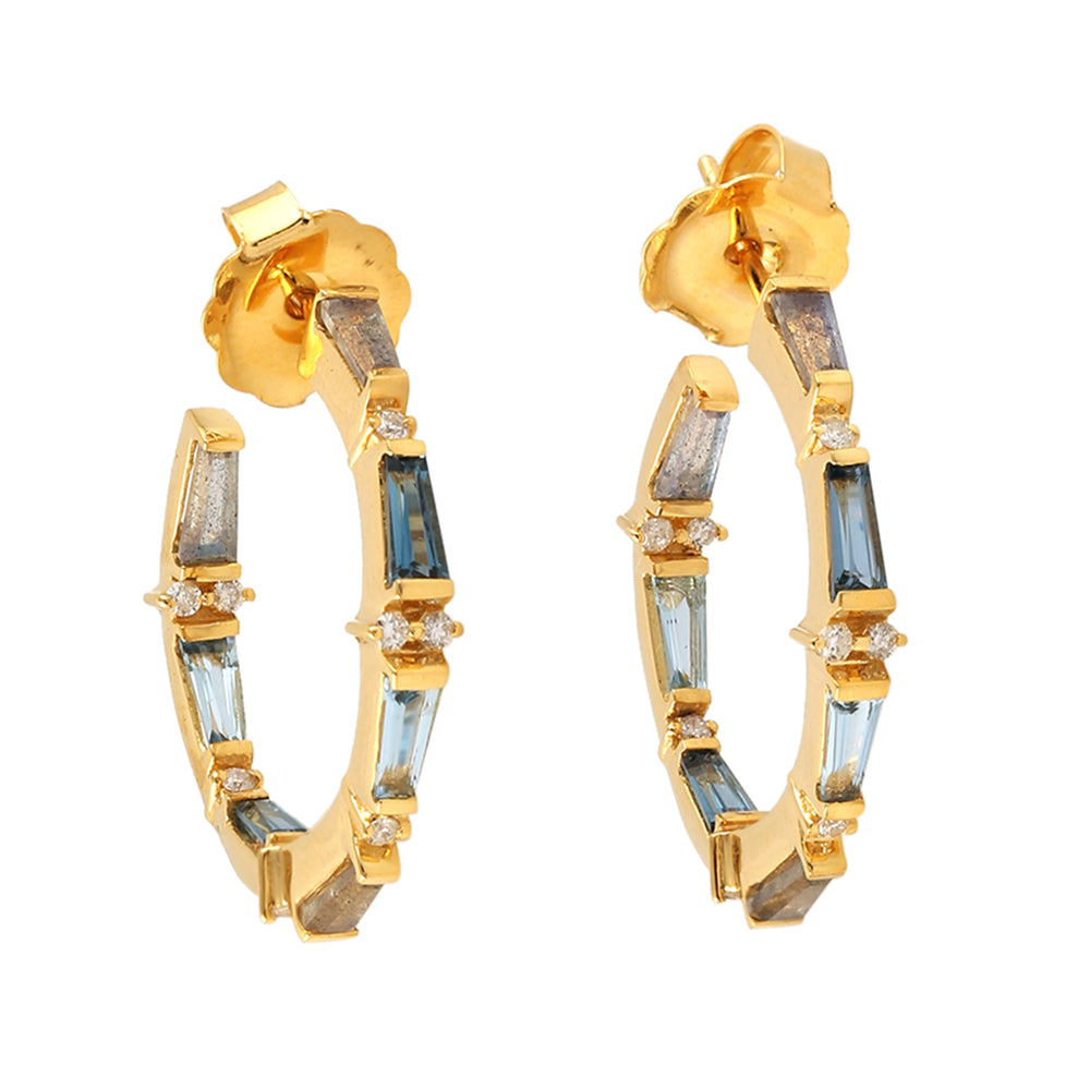 Natural Labradorite,Topaz, Aquamarine & Pave Diamond Hoop Earrings In 18K Yellow Gold