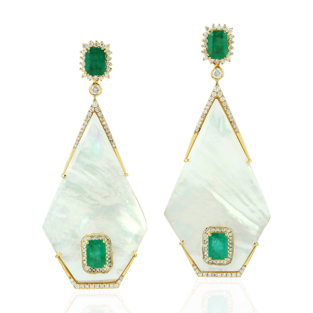 18KT Yellow Gold Diamond Emerald Geometric Pearl Dangle Earrings Dangle Earrings