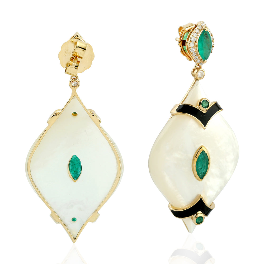 18KT Yellow Gold Emerald & MOp Gemstone Dangle Earrings Gift