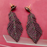 Pave Ruby 18k Gold 925 Silver Feather Dangle Earrings Handmade Jewelry