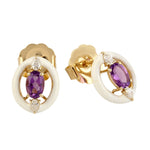 Prong Set Oval Cut Amethyst & Diamond Enamel Stud Earrings Jewelry In 14k Yellow Gold