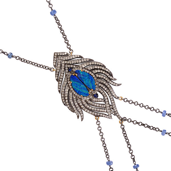 Natural Sapphire Opal Doublet Handmade Sterling Silver Gold Body Chain Necklace