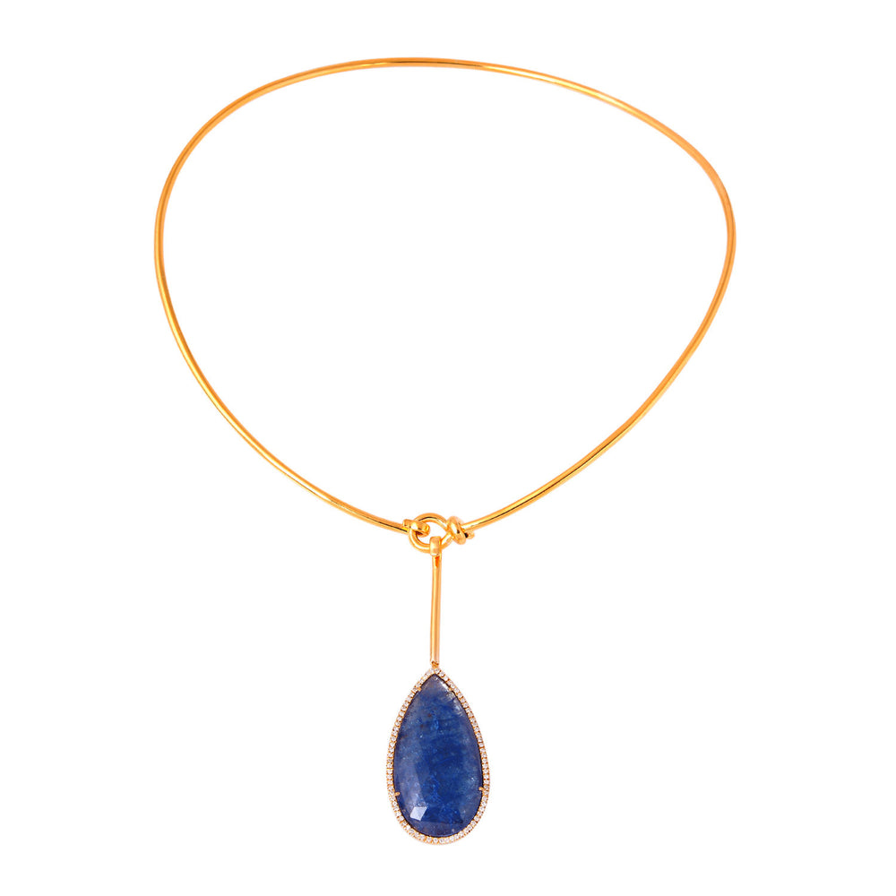 Minimal Gold Choker Necklace with Tanzanite Drop and Diamond Halo