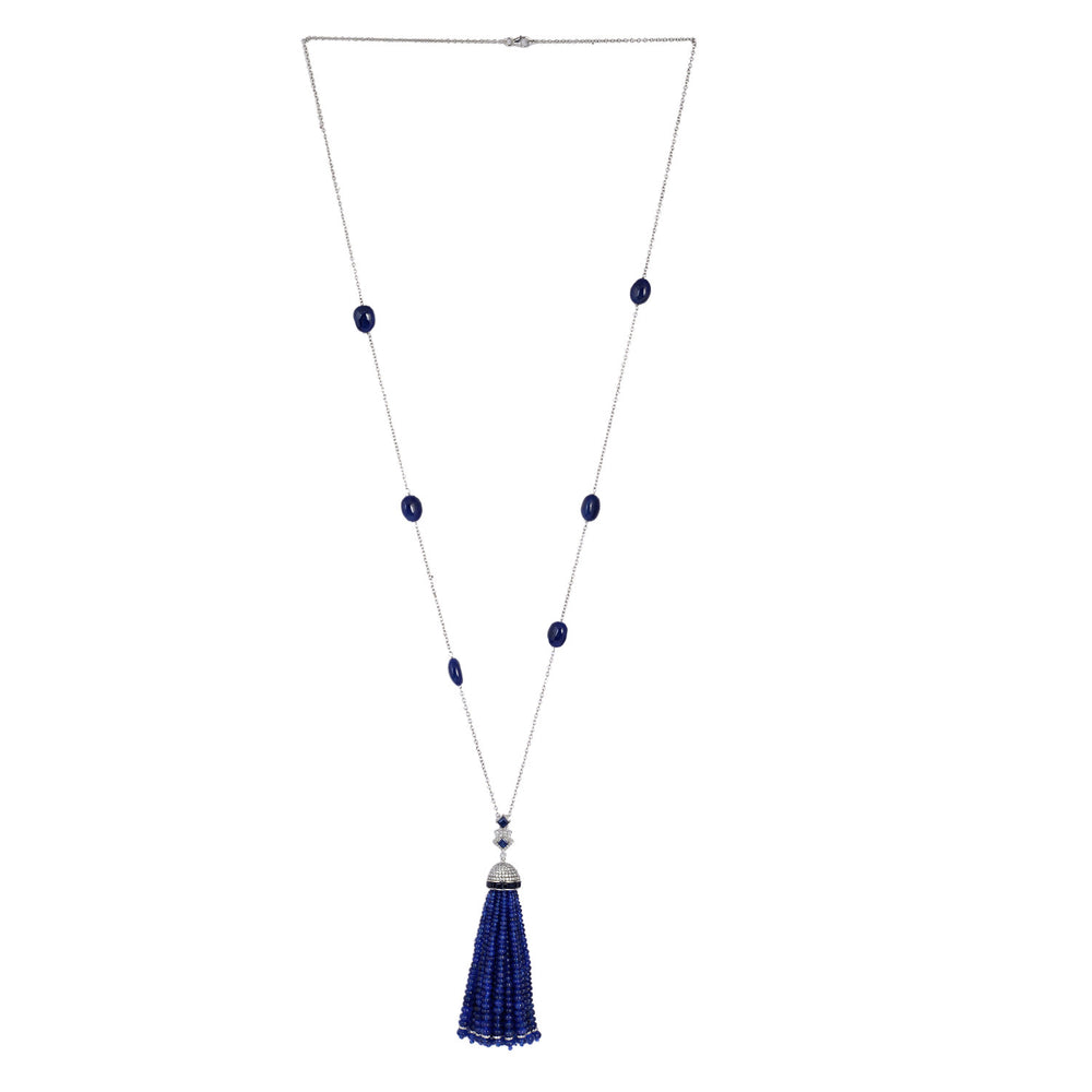 Faceted Blue Sapphire Bead Tassel Necklace with Diamond Top in 18K White Gold