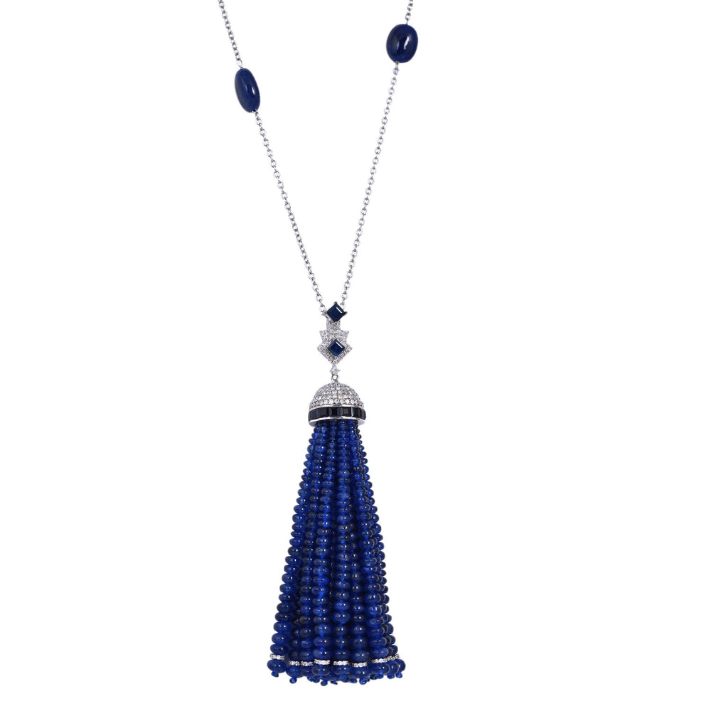 Faceted Blue Sapphire Bead Tassel Necklace with Diamond Top in 18K White Gold