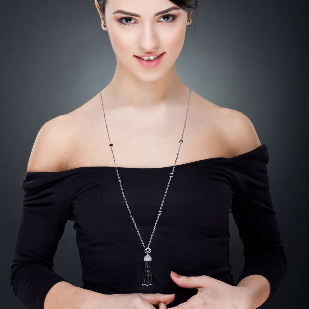 Faceted Beaded Black Ice Diamond Pave Onyx Gemstone Long Tassel Necklace