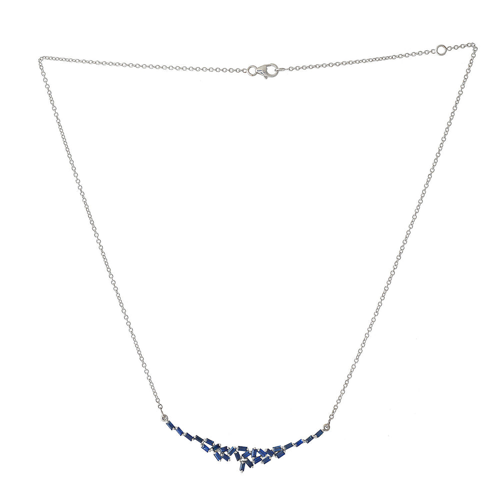 Blue Sapphire Baguette Cluster Bar Necklace in 18K White Gold