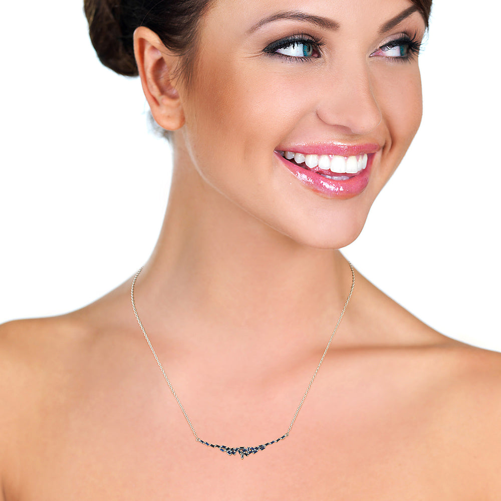 Blue Sapphire Baguette Cluster Bar Necklace in 18K White Gold