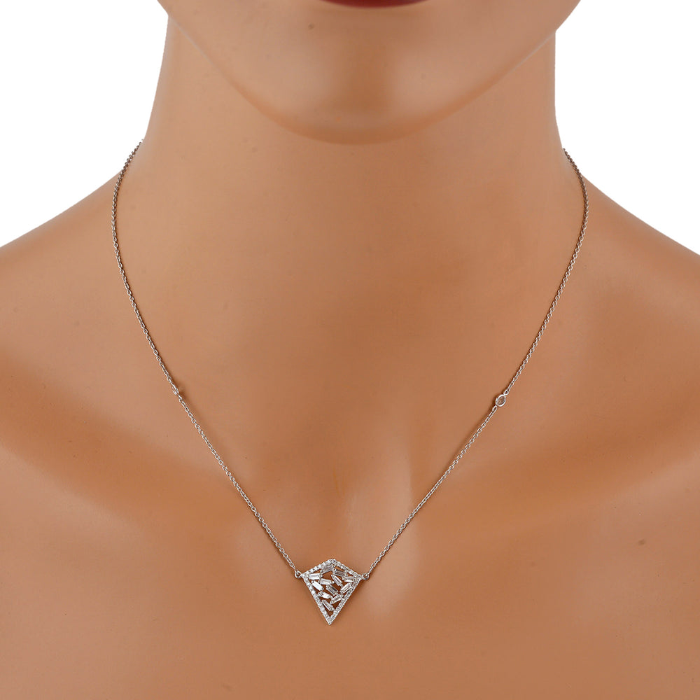 Geometric Triangle Pendant Necklace with Baguette Diamonds in 18K White Gold