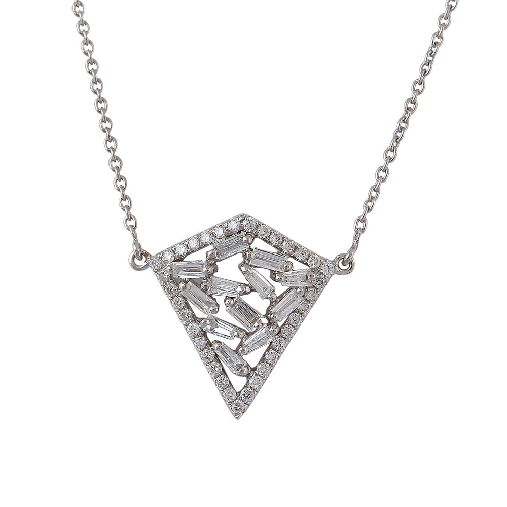 Geometric Triangle Pendant Necklace with Baguette Diamonds in 18K White Gold