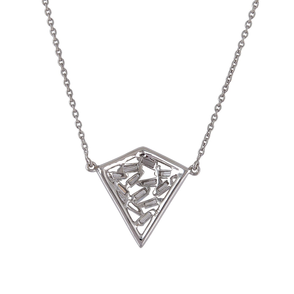 Geometric Triangle Pendant Necklace with Baguette Diamonds in 18K White Gold