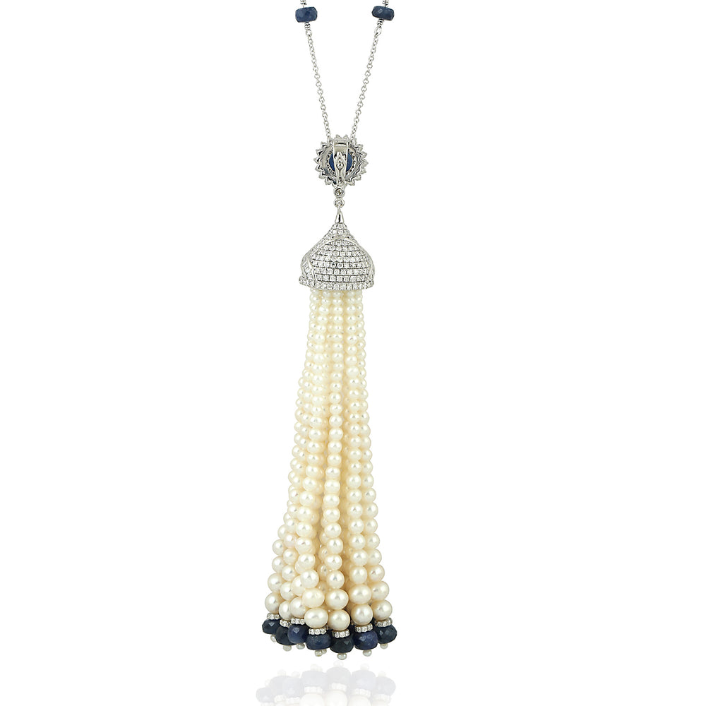 Blue Sapphire Beads & Pearl Tassel Necklace in 18K White Gold with Pave Diamonds – Luxe Statement Jewelry