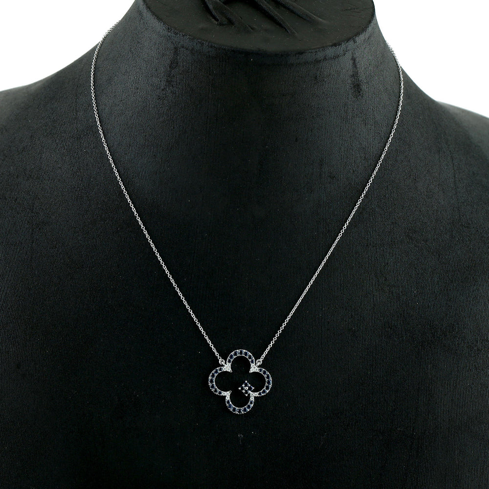 Blue Sapphire Pave Diamond Clover Choker Necklace In White Gold