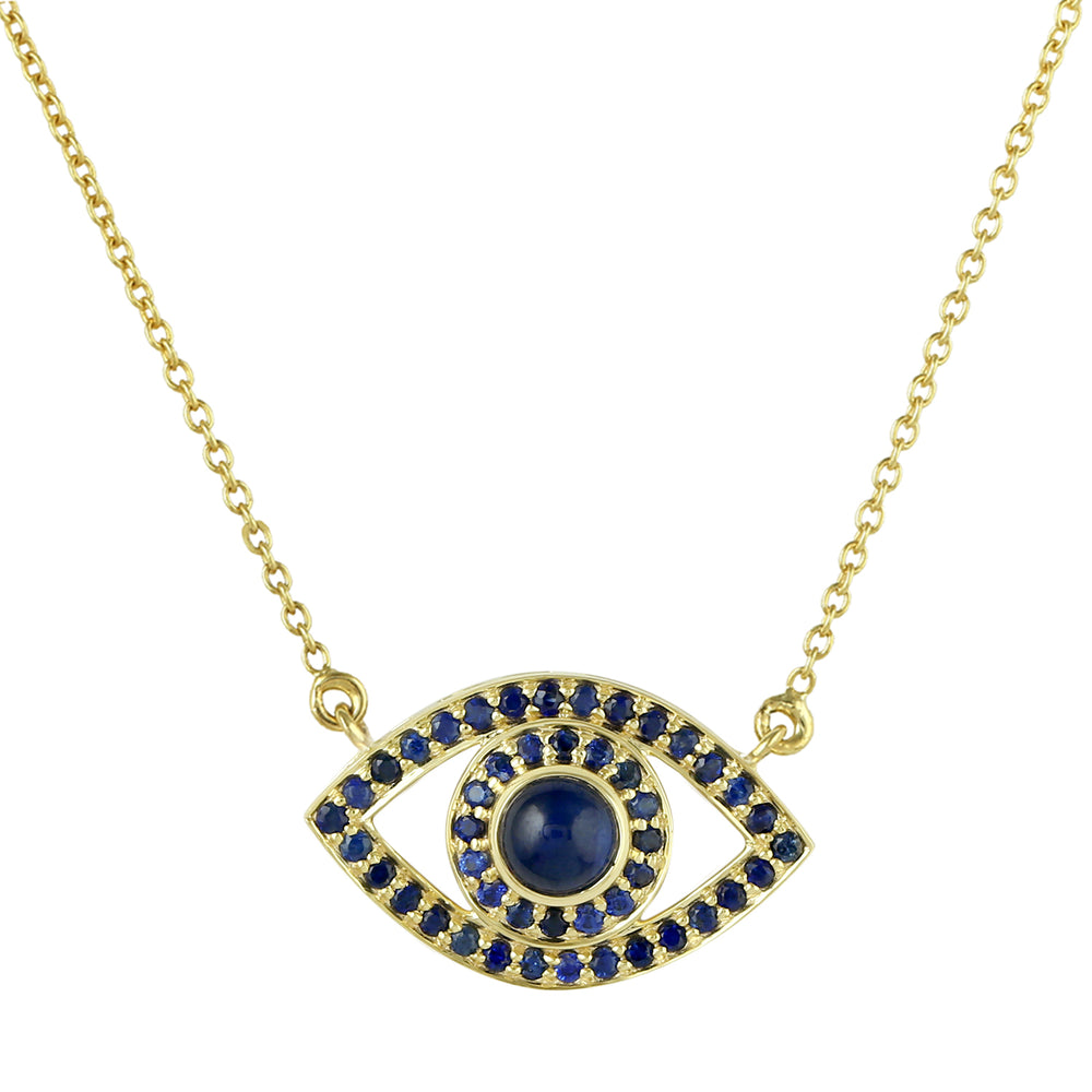 14K Yellow Gold Pave Blue Sapphire Evil Eye Choker Necklace – September Birthstone