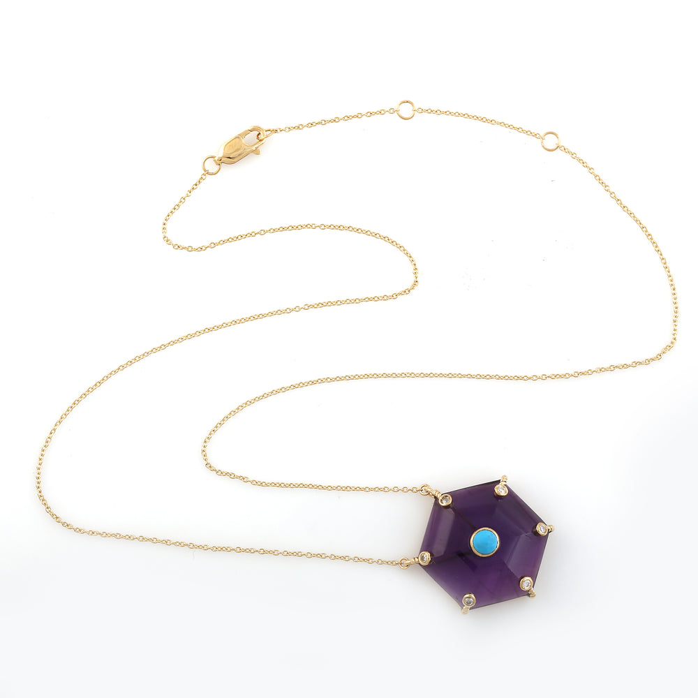Hexagon Amethyst & Turquoise Pendant Necklace in 14K Yellow Gold