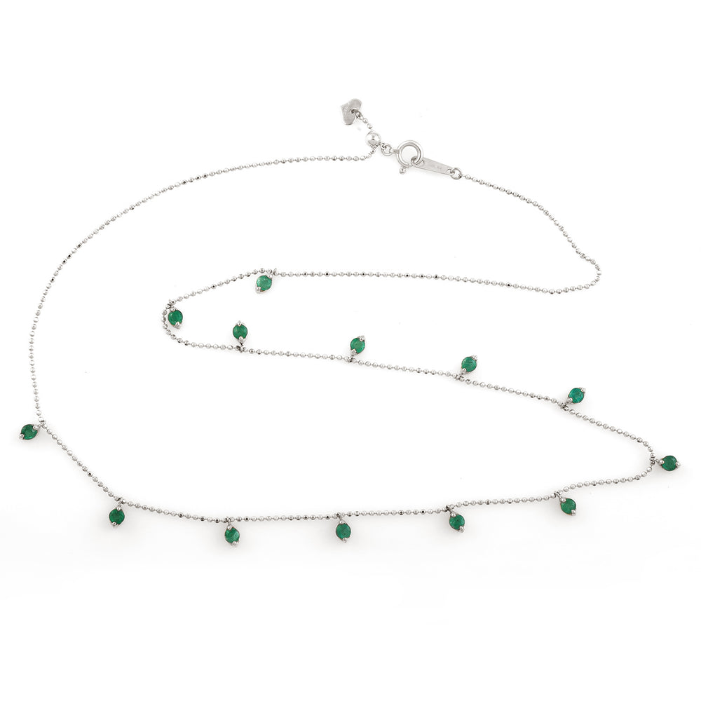 Emerald Gemstone Station Chain Necklace In 18K White Gold