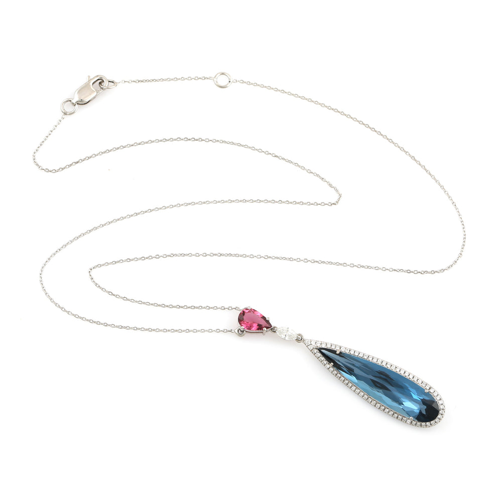 18K White Gold Pear Cut Blue Topaz Pink Tourmaline Prong Diamond Choker Necklace